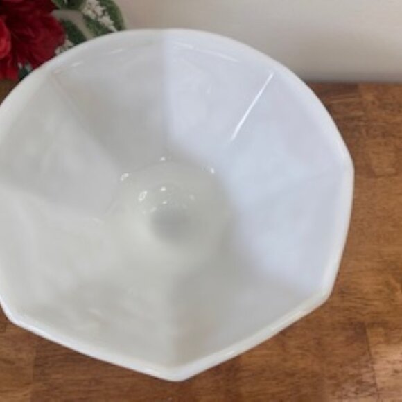 Vintage Milk Glass Pedestal Bowl Octagonal Scalloped Rim Grape Leaf Fruit Design - Picture 4 of 4